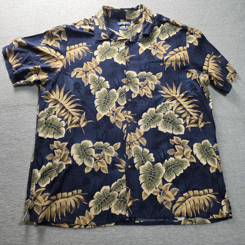 Campia Mens 2XLT Hawaiian Shirt‎ Navy Blue Tropical Palm Leaf Rayon Button Down